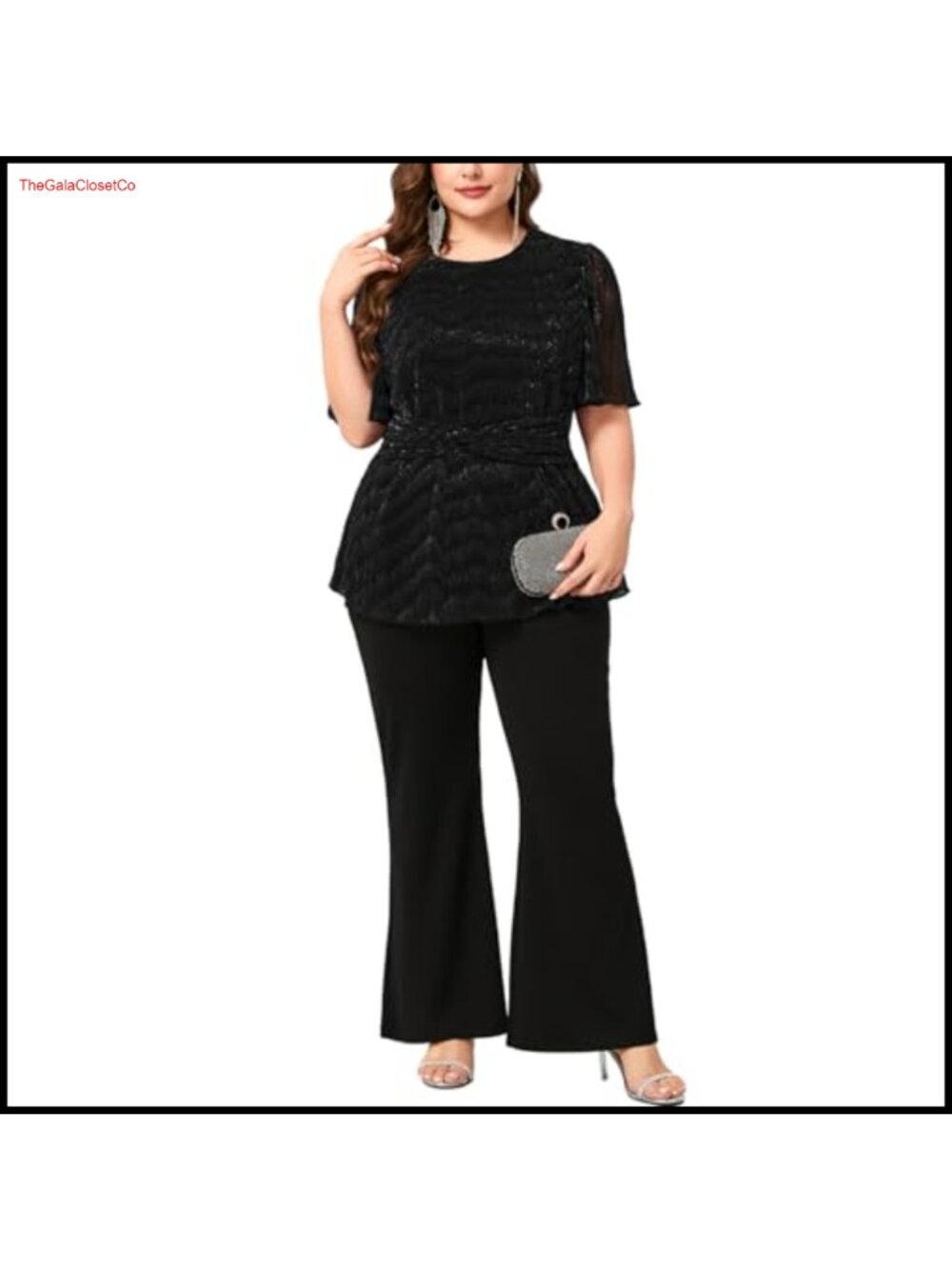 Plus Size Metallic Knit Peplum Top & Flare Pants 2 Piece Set Cocktail Party